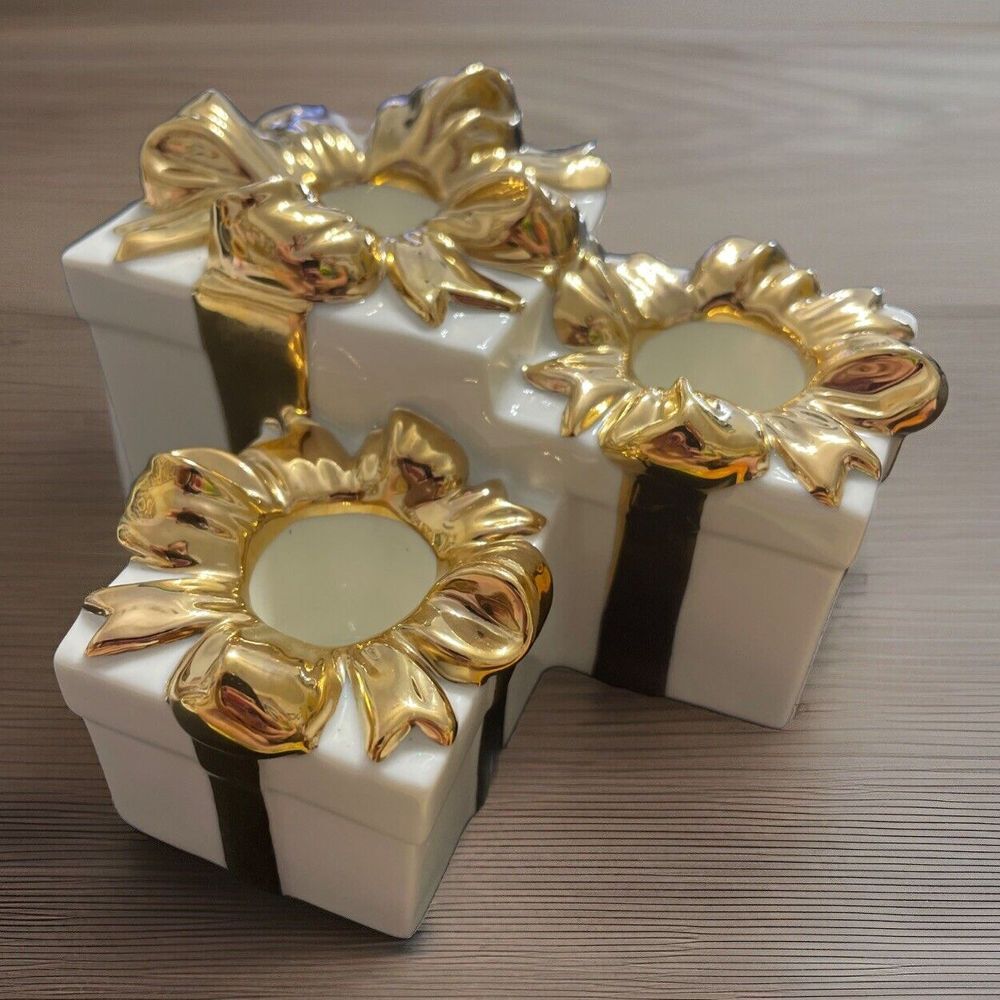 Mikasa ✨Gold Bow Elegant Ceramic Candle Holder approx 3x3" Holds 3 Taper Candles